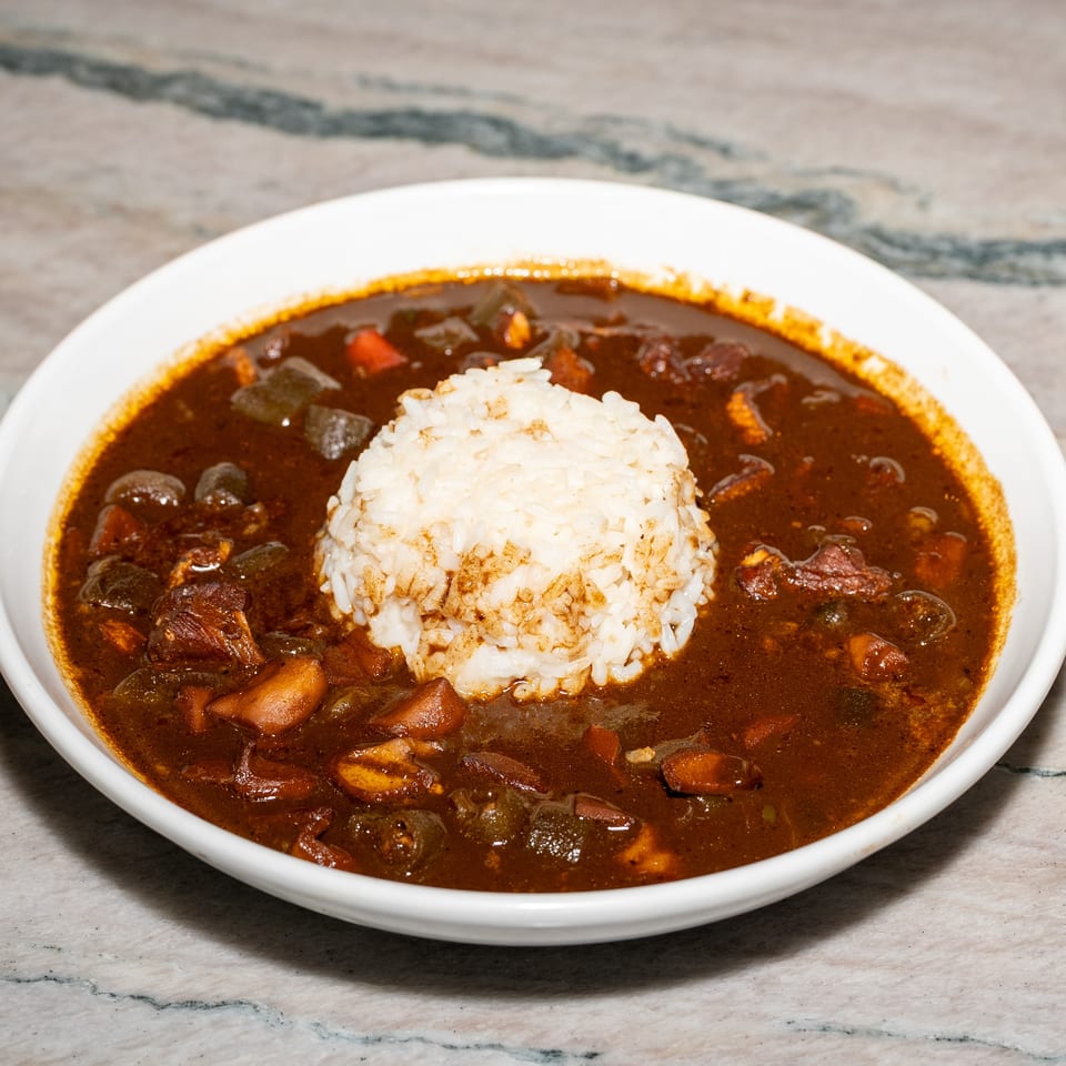 A white plate holds a mound of rice surrounded by dark savory stew with chunks of meat and vegetables.