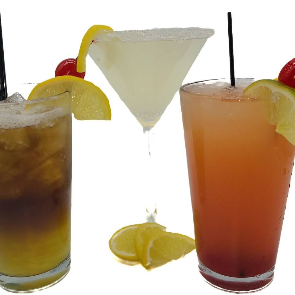 Three drinks garnished with citrus slices and cherries.